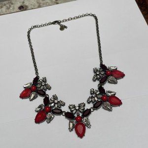 Signed T - Talbots Statement Bib Costume Necklace Brass Tone / Red Rhinestone